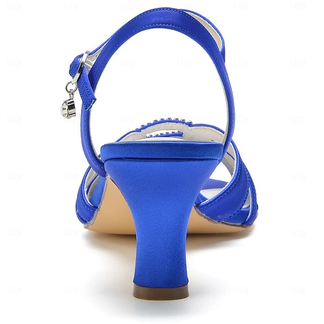 Strappy Rhinestone Dark Women's Blue Heels Satin with