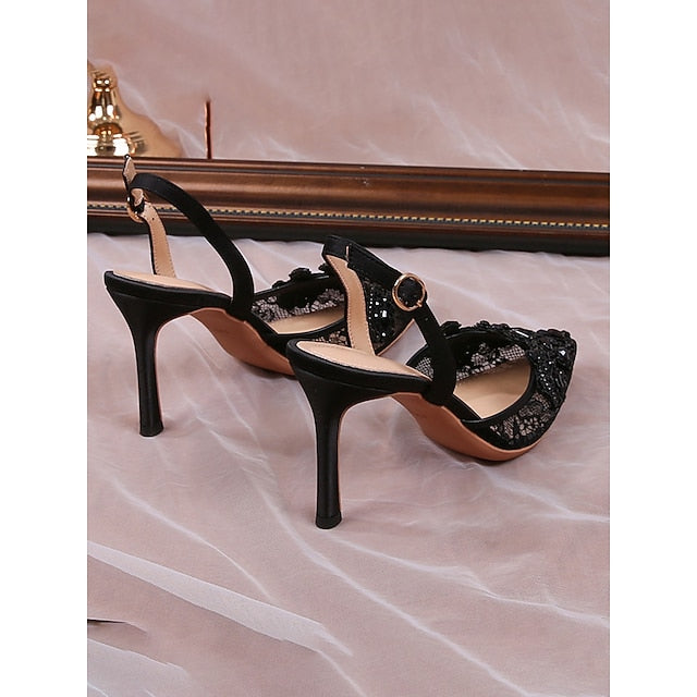 Heel Pearl-Embellished Kitten Slingback White Pointed-Toe with