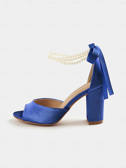 Sandals Peep-Toe Satin Women's Pearl Heel with Block Ankle