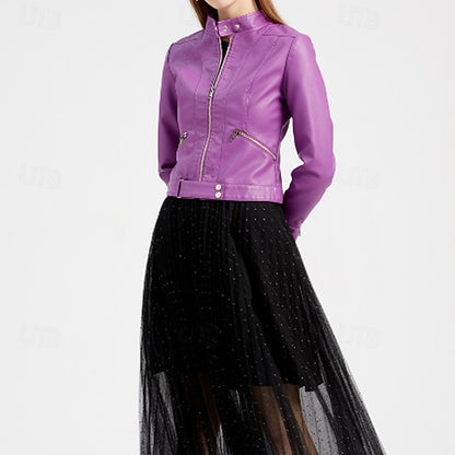 Women's Jacket Zipper Leather Faux Pocket Comfortable