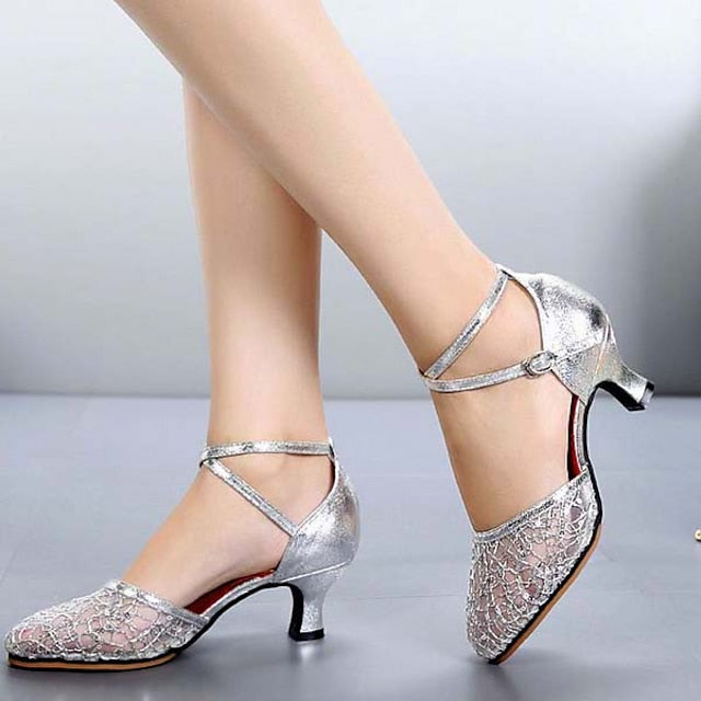 Shoes Low Women's Heel Lace Silver Latin Dance Mesh –