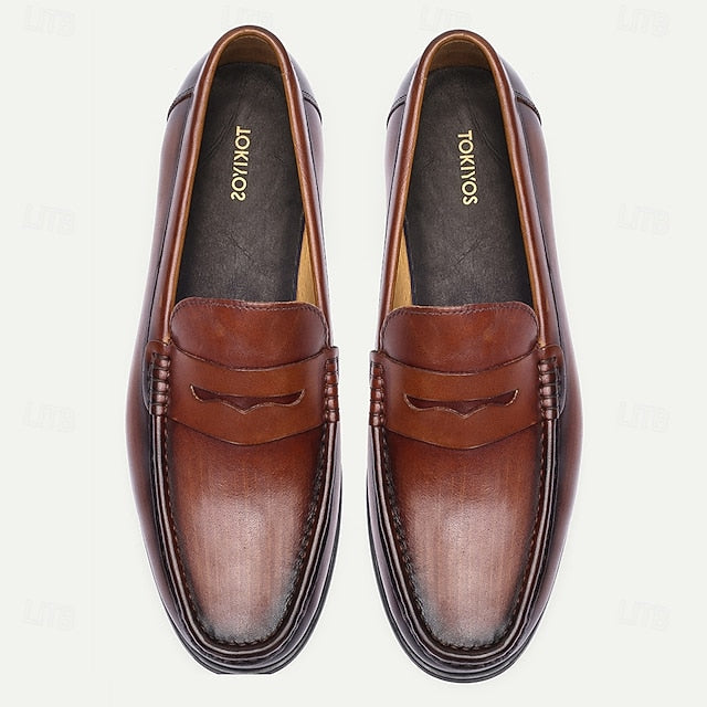 Brown Loafers Slip-On Men's Shoes Leather Penny with