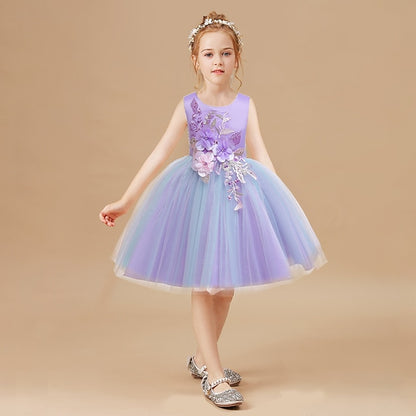 Girls' Kids Party Blushing Floral Lace Blue Dress Purple