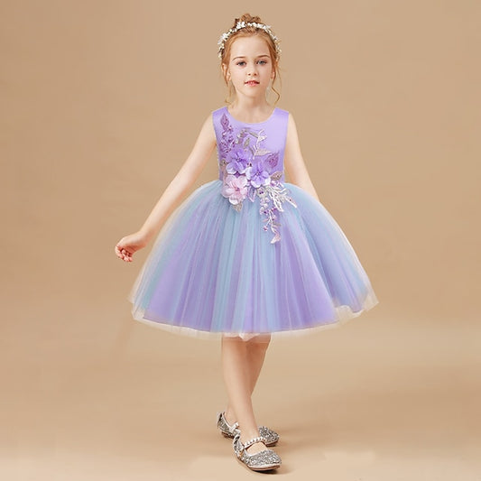Girls' Kids Party Blushing Floral Lace Blue Dress Purple