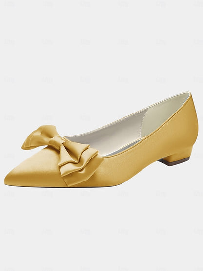 Pointed Women's Bow Toe - Elegant Green Flats Satin