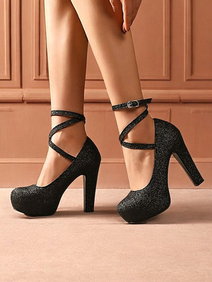 – Women's Heels Platform with Strap Pink Glitter Ankle