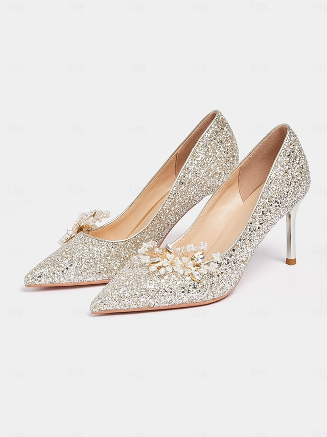 Glitter Silver Heels Stiletto Floral with Women's