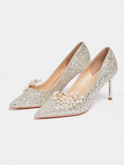 Glitter Silver Heels Stiletto Floral with Women's
