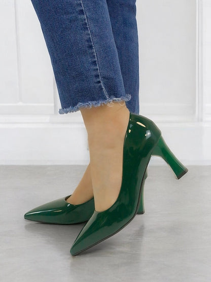 Heel Green Leather Faux Glossy Patent Pumps Pointed-Toe Block