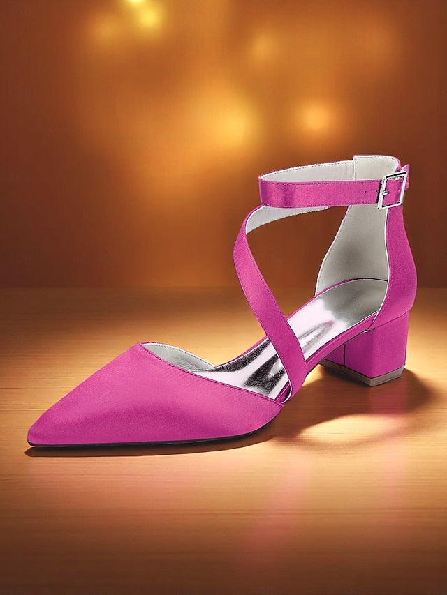 Satin Block Heels Champagne Toe Women's Pointed -