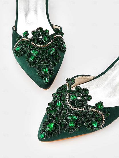 Style Flats Green Vintage Pointed-Toe Gemstone Embellished –