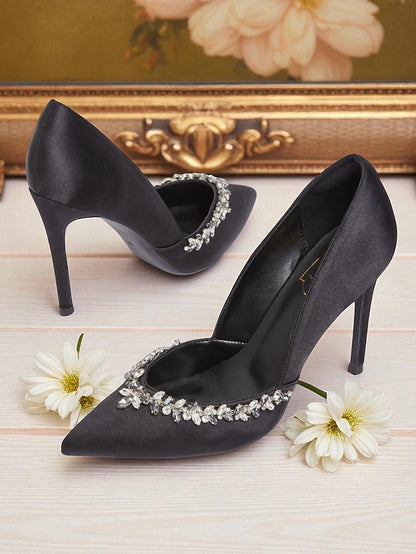 Satin with Pointed Crystal Toe Heels Women's Embellishment