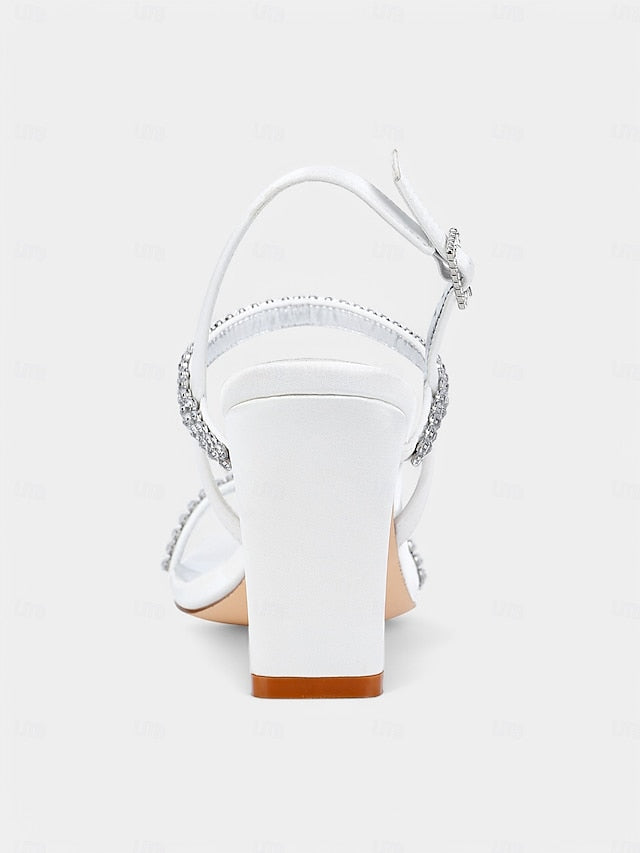 Heel Prom White Bridal – Rhinestone Sandals Women's Block