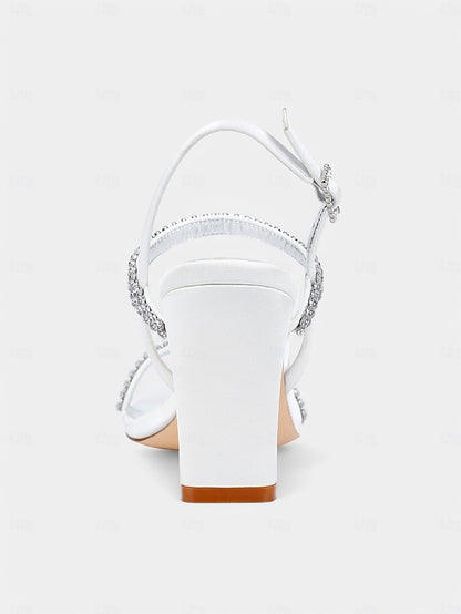 Heel Prom White Bridal – Rhinestone Sandals Women's Block