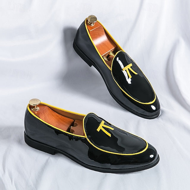 Leather Loafers Men's with Trim Yellow Patent Black Faux