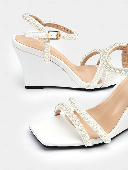 Women's Open-Toe Elegant Pearl-Embellished – Wedge Heels