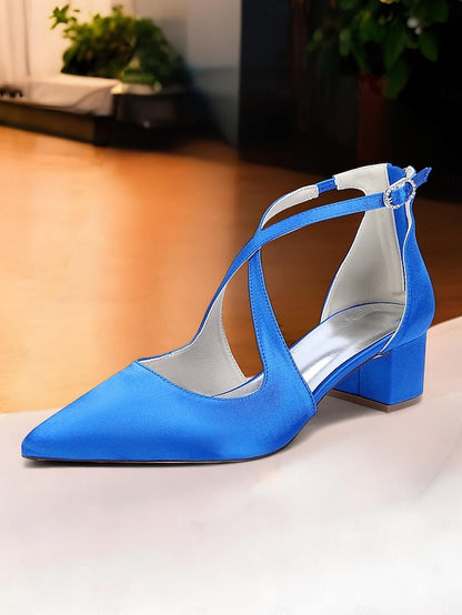 Ivory Women's Pointed Heels Satin Block Elegant Toe -