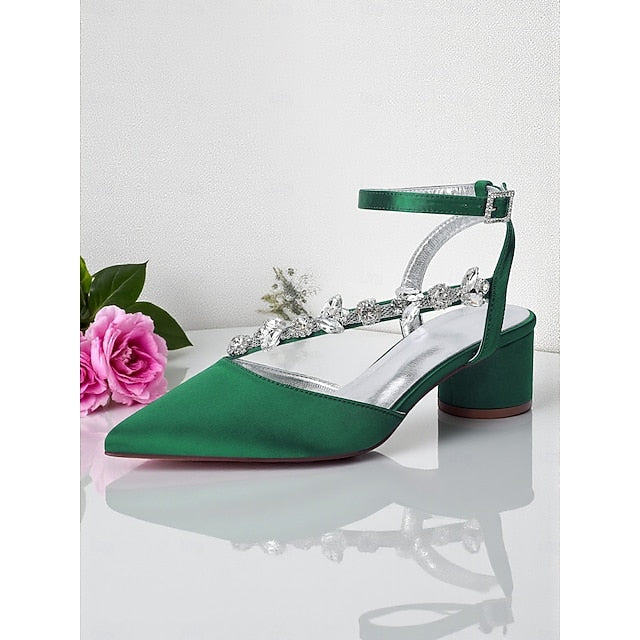 Satin Rhinestone Purple Women's Block with Heel Pumps