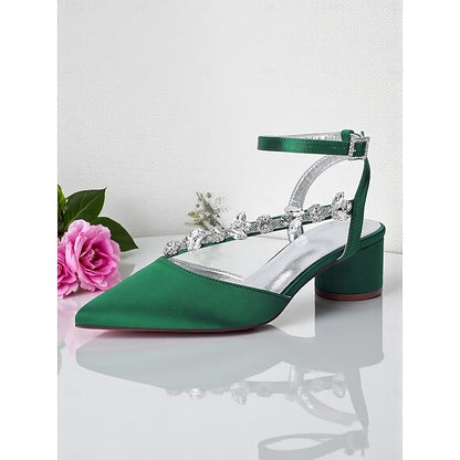 Satin Rhinestone Purple Women's Block with Heel Pumps