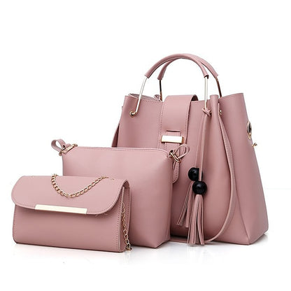 Tote Pink Leather - Handbag Faux Women's Set 3-Piece