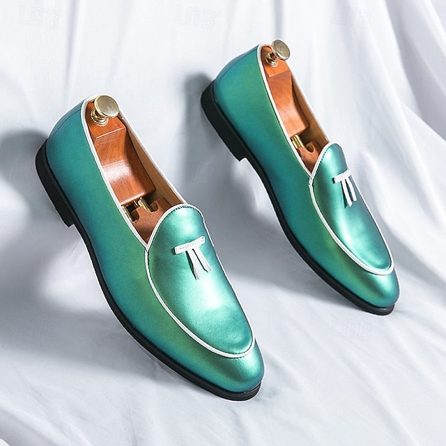 Leather Loafers Men's with Trim Yellow Patent Black Faux