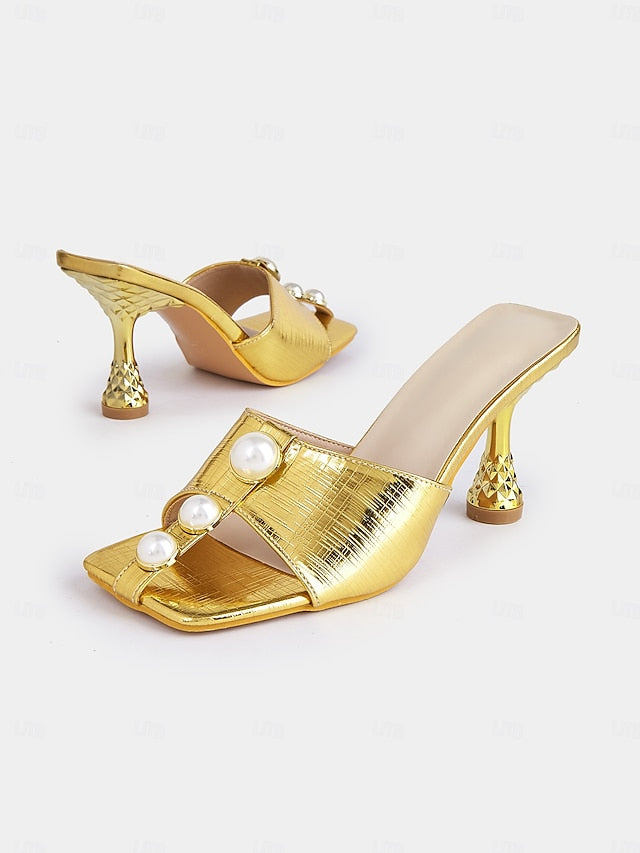 for Women Mules – Elegant with Detailing Pearl Gold Open-Toe