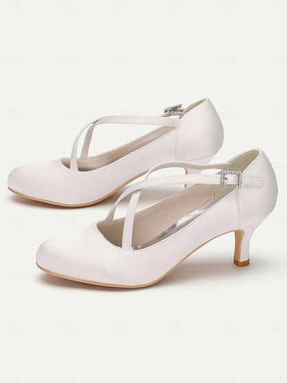 Heels – with Rhinestone Cross-Strap Satin White Elegant Buckle