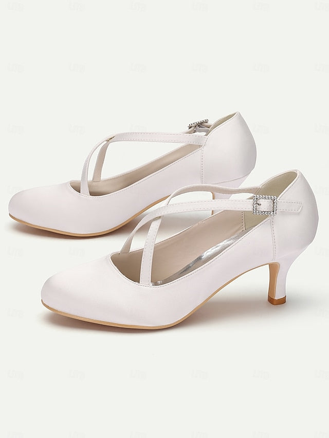 Satin with Elegant Rhinestone Heels Buckle – Cross-Strap White