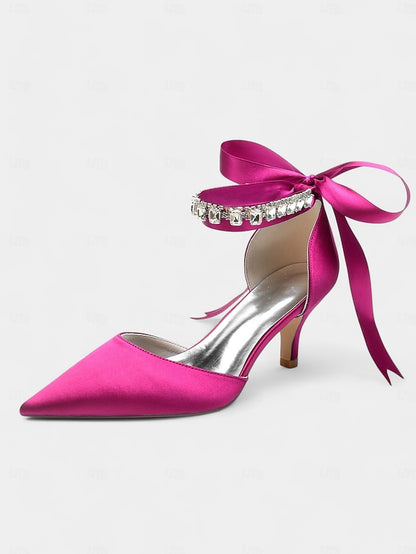 Ankle Rhinestone and Pointed-Kitten Strap with Heels Satin Blue