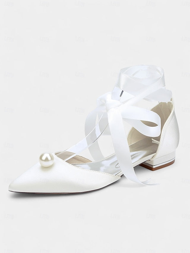 - Navy Pearl Satin Pointed Flats Embellished Toe Women's