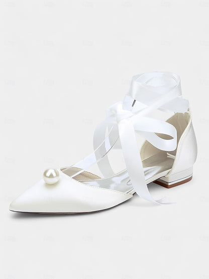 - Navy Pearl Satin Pointed Flats Embellished Toe Women's