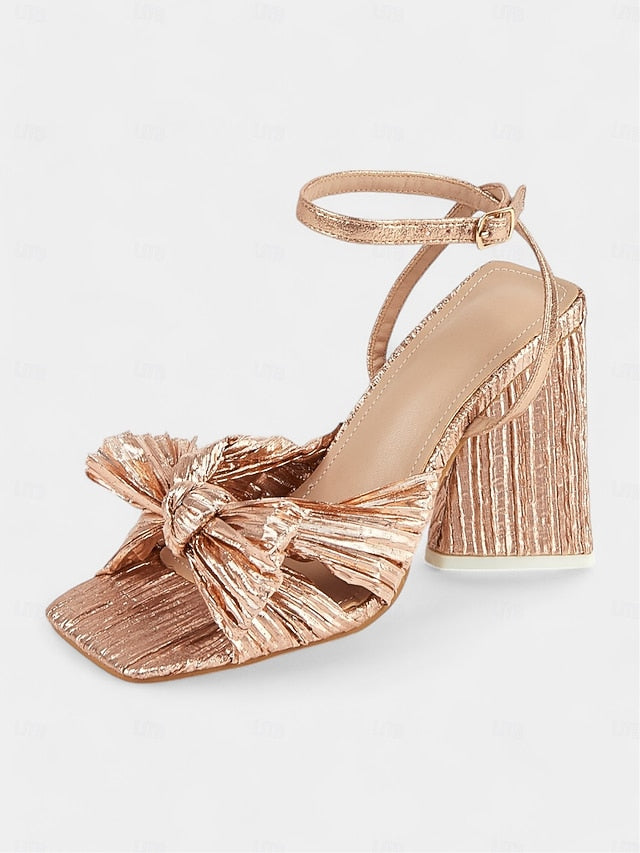 Textured Detail with Block and Gold Rose Knot Sandals Heel