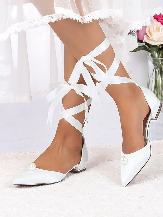 - Navy Pearl Satin Pointed Flats Embellished Toe Women's