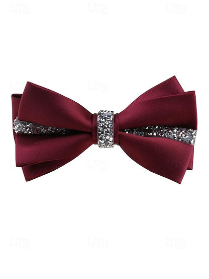 – Crystal Embellishment with Tie Elegant Satin Bow Burgundy