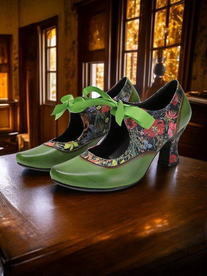 Leather Heels with Green Print Women's Jane Mary Floral