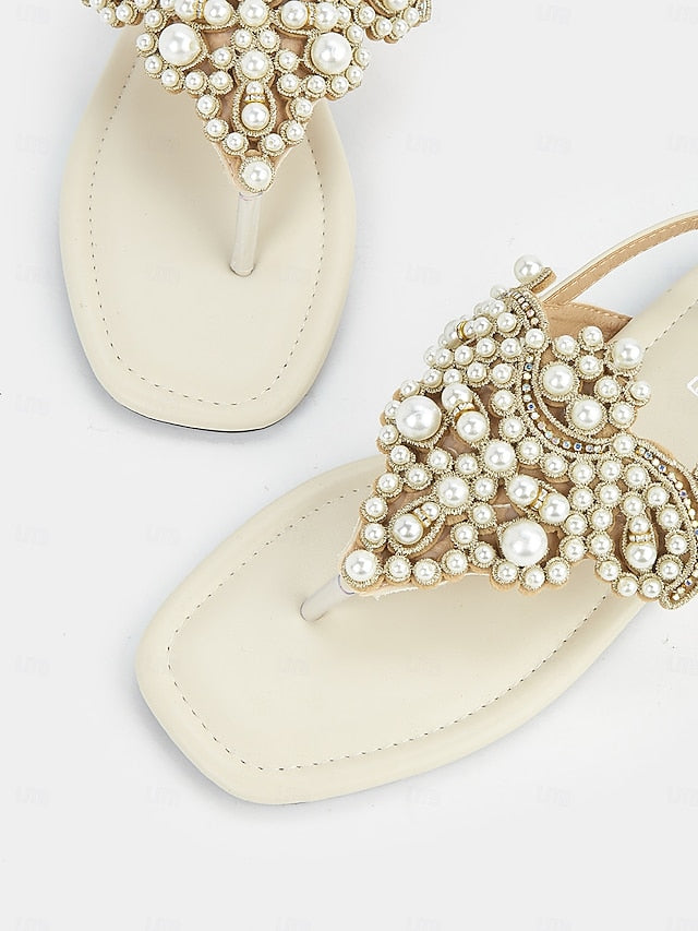 Elegant – Women's T-Strap Sandals Flat Pearl-Embellished