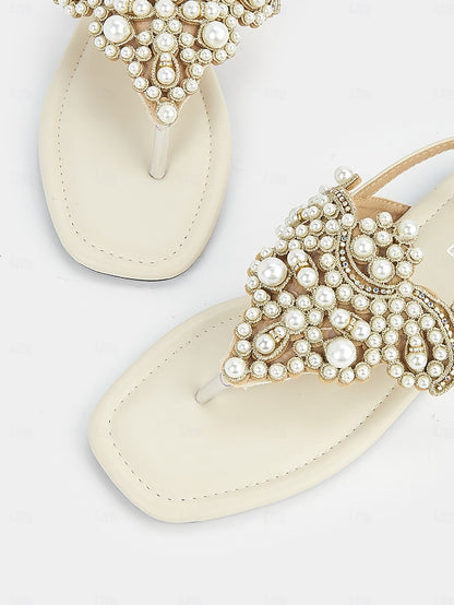 Elegant – Women's T-Strap Sandals Flat Pearl-Embellished