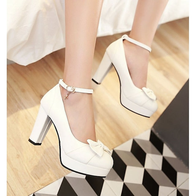 Chunky Heels Bow Detail – White Elegant Women's with