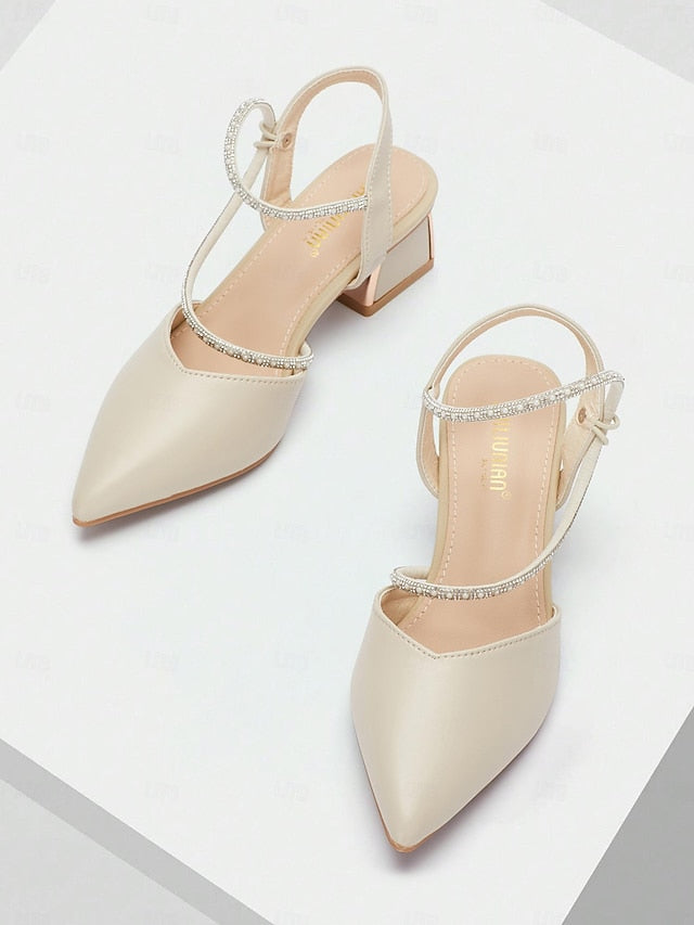 with Toe Elegant Pointed Rhinestone Heels Women's Slingback