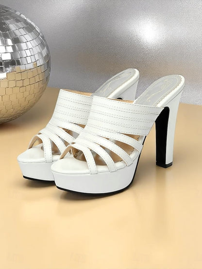 Platform Women's Strappy White Mule Heels - Open-Toe