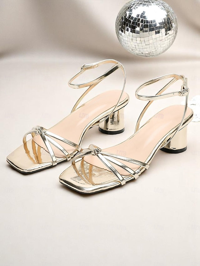 – Women's Block Strap Metallic Heels Gold Shiny Ankle