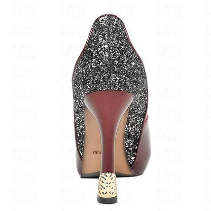 Heels Women's with Platform Burgundy Leather Patent Glitter