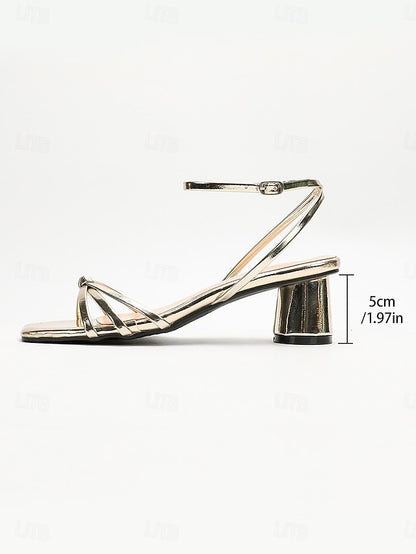 – Women's Block Strap Metallic Heels Gold Shiny Ankle