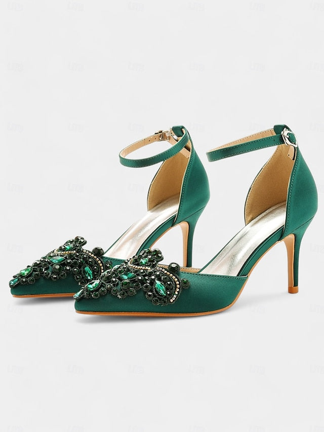 Heels Women's Green Ankle Pointed Strap Emerald – Satin
