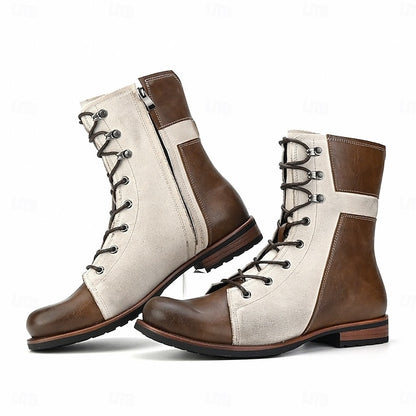 Two-Tone Vintage Boots Leather Lace-Up Faux Men's Mid-Calf