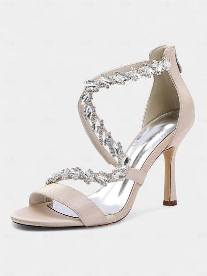 - Heel Strappy Sandals White Rhinestone Women's High