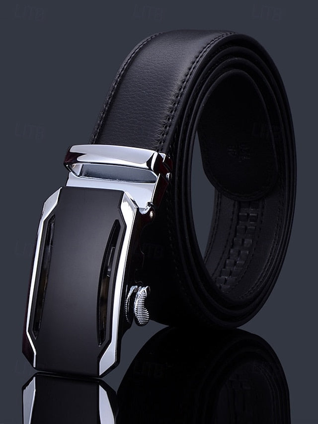 with Elegant Adjustable Black Leather Men's Belt Metal