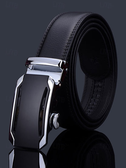 with Elegant Adjustable Black Leather Men's Belt Metal