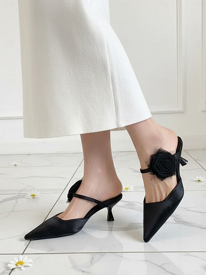 Women's Pointed Toe Heels Satin Floral Ankle with Green