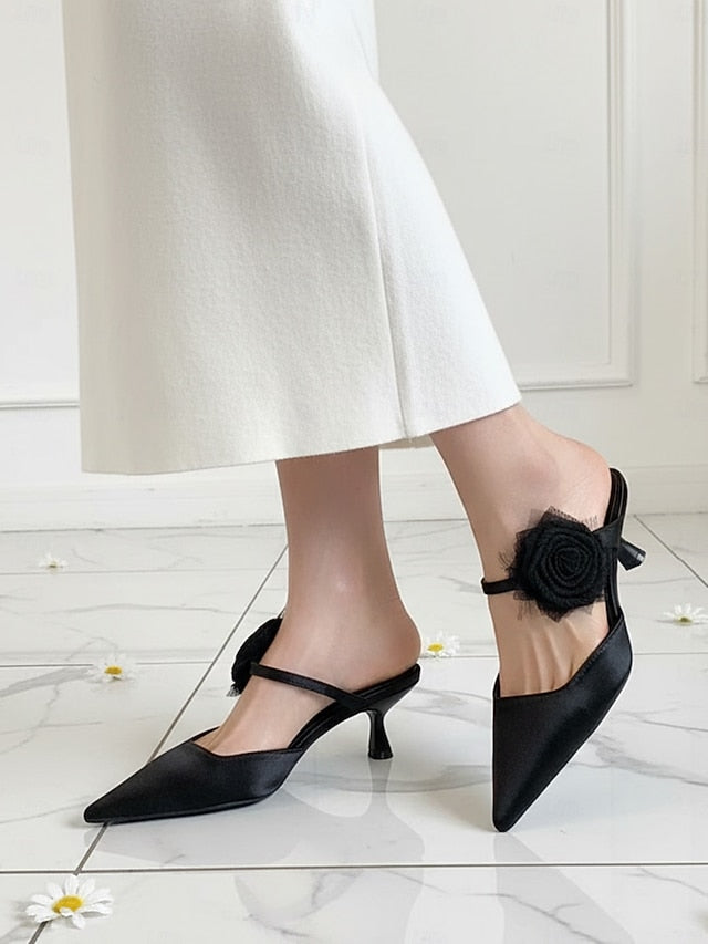 Heels Floral Pointed Green Toe Ankle Satin with Women's